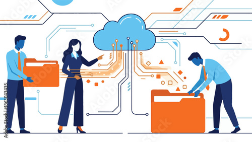 Business team managing data and files in cloud storage concept illustration