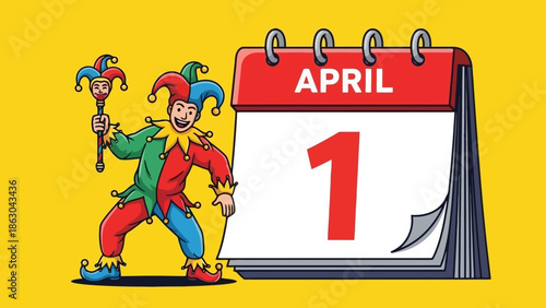 A jester holding a scepter stands next to a calendar showing April 1st, symbolizing April Fools' Day.