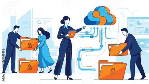 Business people managing secure data in cloud storage with digital folders