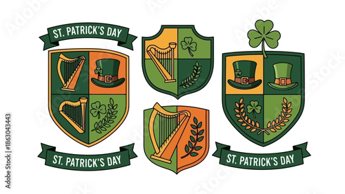 Collection of St. Patrick's Day themed crests featuring shamrocks, harps, and top hats.