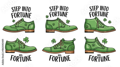 Collection of six green shoes with shamrocks and the phrase "Step Into Fortune" written on them, representing luck and prosperity.
