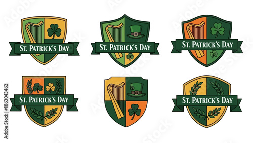 Collection of six St. Patrick's Day themed crests featuring shamrocks, harps, top hats, and wheat stalks on a white background.