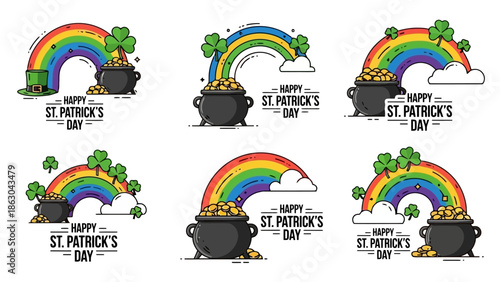 Collection of St. Patrick's Day illustrations featuring pots of gold at the end of rainbows with shamrocks and clouds.