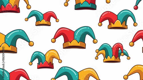 A seamless pattern featuring a variety of colorful jester hats with red, blue, and yellow accents on a white background.