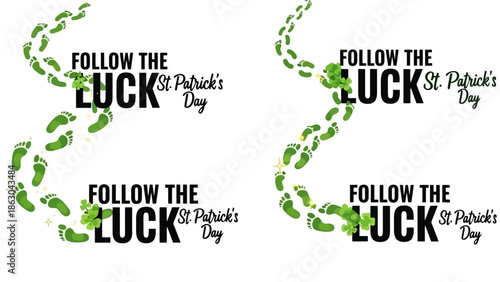 St. Patrick's Day Lucky Green Footprints Path and Text "Follow the Luck" Symbolizing Celebration