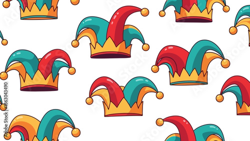 A seamless pattern of colorful jester hats with red and teal colors and golden trim, perfect for festive designs.