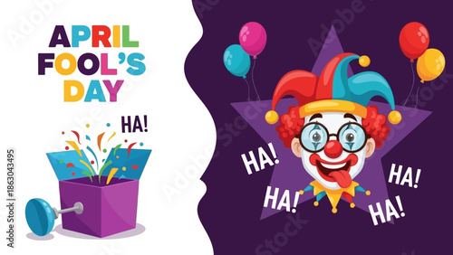 A vibrant illustration for April Fool's Day featuring a jack-in-the-box and a laughing clown with balloons.