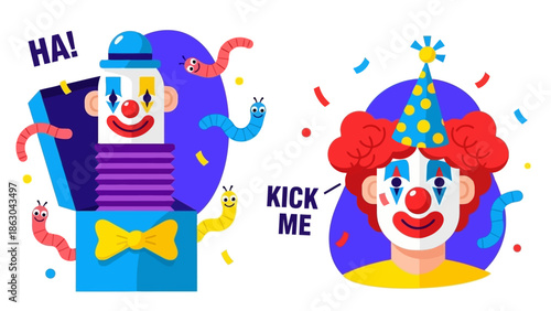 Two cartoon clowns, one emerging from a jack-in-the-box with worms, the other wearing a party hat and a 'kick me' sign.