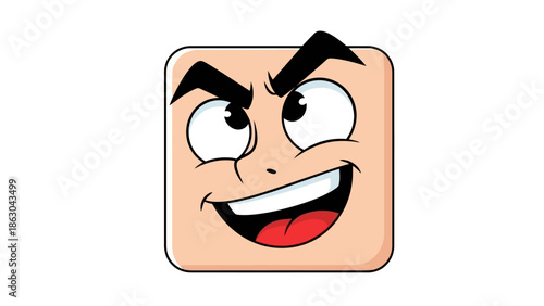 A cartoon square face with a mischievous grin and wide, shifty eyes, conveying a sense of playful cunning.