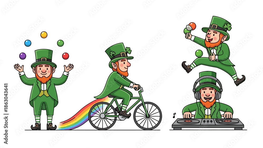 Fototapeta premium Happy Leprechauns Celebrating St. Patrick's Day: Juggling, Cycling with Rainbow Trail, and DJing