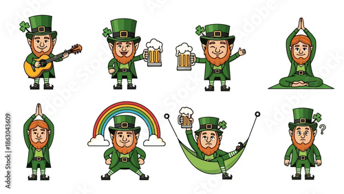 Collection of cartoon leprechauns in various poses, including playing guitar, holding beer, doing yoga, and relaxing in a hammock, with a rainbow in the background.