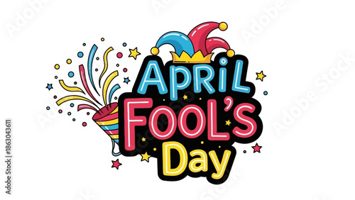 Colorful illustration of April Fool's Day with confetti and a jester's hat, celebrating the holiday of pranks and jokes.