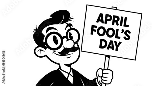 A black and white cartoon illustration of a smiling man with glasses and a mustache holding a sign that says "APRIL FOOL'S DAY".