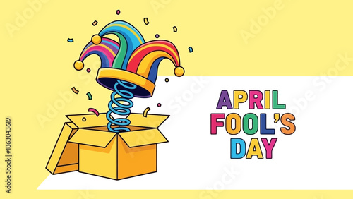 A colorful jester's hat pops out of an open box with confetti, celebrating April Fool's Day.