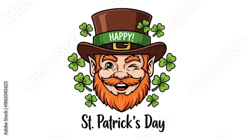 St. Patrick's Day Leprechaun with Shamrocks and Happy Greeting, Festive Irish Celebration Concept