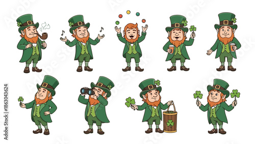 A collection of eight cartoon leprechauns in various poses, celebrating St. Patrick's Day with shamrocks, juggling, and smoking pipes.