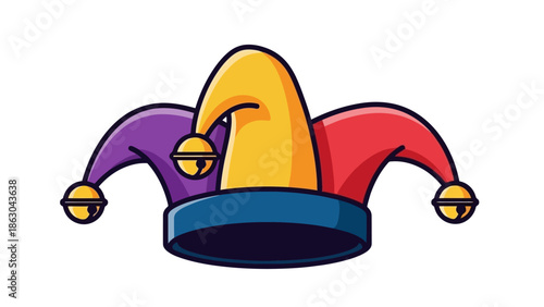 A colorful jester's hat with three points, adorned with bells, symbolizing fun and entertainment.