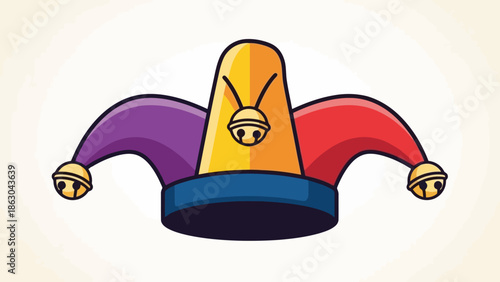 A colorful jester's hat with three points, adorned with bells and a blue band, against a light background.