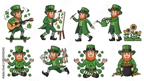 A collection of eight cartoon leprechauns engaged in various activities, including playing guitar, painting, watering plants, meditating, and holding a pot of gold.