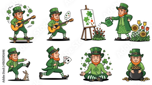 A collection of eight charming illustrations depicting a leprechaun engaged in various St. Patrick's Day themed activities, including playing music, painting, gardening, and meditating.