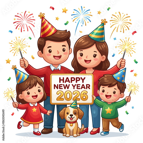 Joyful family and their pet dog usher in New Year 2026, surrounded by colorful fireworks and holding sparklers in a festive celebration