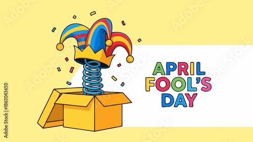 A jack-in-the-box with a jester's hat pops out of an open box, surrounded by confetti, with the words "April Fool's Day" written in colorful letters.