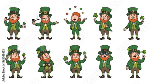 A collection of ten cartoon leprechauns in various poses, each wearing a green hat and jacket, some holding shamrocks, one juggling, and one wearing glasses.