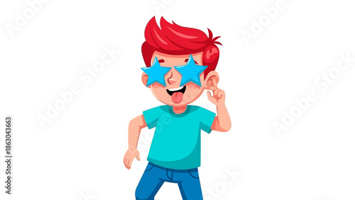 A cartoon boy with bright red hair and blue star-shaped sunglasses is playfully posing with his tongue sticking out.