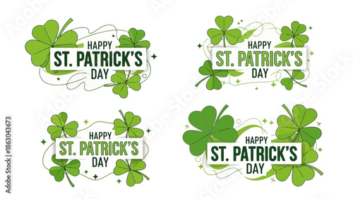 Set of four St. Patrick's Day emblems with shamrocks and green swirls, celebrating Irish tradition