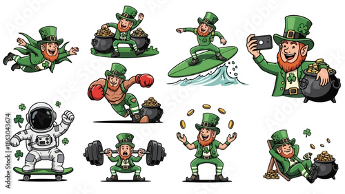 Collection of cartoon leprechauns engaged in various activities like surfing, boxing, weightlifting, and taking selfies, with pots of gold and shamrocks.