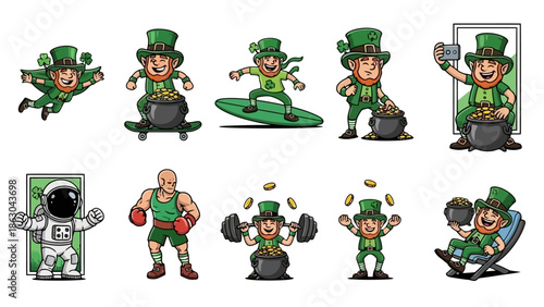 A collection of ten cartoon illustrations featuring leprechauns and other characters in various activities like skateboarding, surfing, weightlifting, and space exploration.