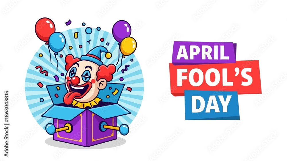 Obraz premium A jack-in-the-box clown pops out of a gift box with balloons and confetti, celebrating April Fool's Day.