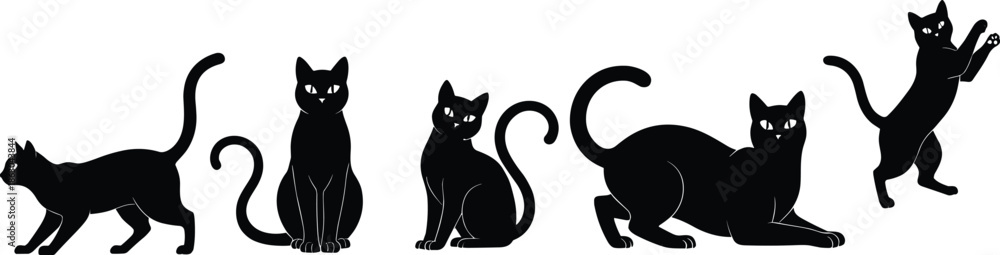 Obraz premium Complete collection of black cat silhouettes featuring various feline poses including walking sitting stretching and playing for pets and animal lovers designs