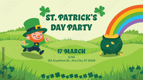 St. Patrick's Day party banner with cute leprechaun and pot of gold. Vector cartoon landscape with rainbow for 17 March holiday celebration design