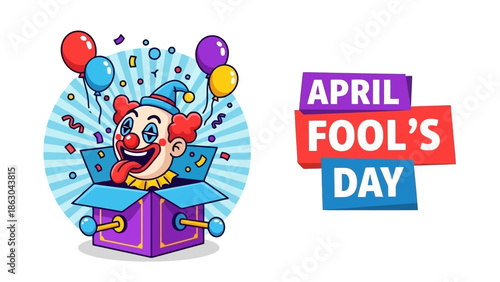 A jack-in-the-box clown pops out of a gift box with balloons and confetti, celebrating April Fool's Day.