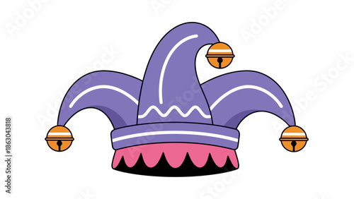 A whimsical purple jester hat adorned with golden bells and wavy white trim.