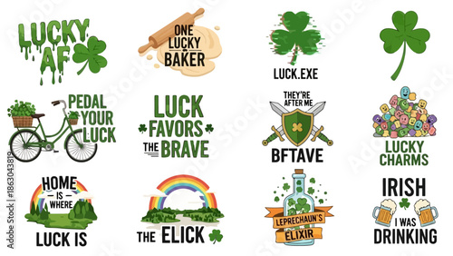 St. Patrick's Day themed graphic designs with shamrocks and lucky sayings.