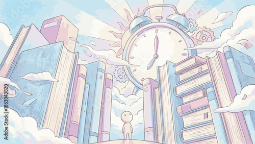 Dreamlike illustration of small character in a world of towering books and time