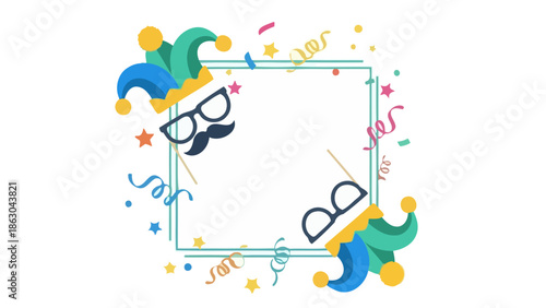 A festive square frame decorated with carnival elements like jester hats, mustaches, glasses, and confetti.