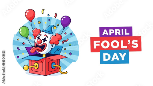 A colorful illustration of a jack-in-the-box popping out with a clown face, surrounded by balloons and confetti, next to the text "APRIL FOOL'S DAY".