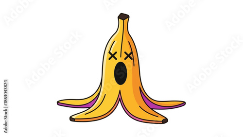 A cartoon illustration of a banana peel with a shocked and deceased expression, its eyes X'd out and mouth open in a scream.