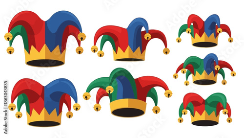 A collection of colorful jester hats with bells, displayed against a white background.