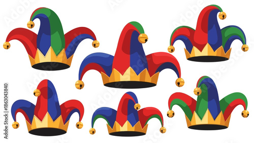 A collection of seven colorful jester hats with bells, arranged in two rows on a white background.