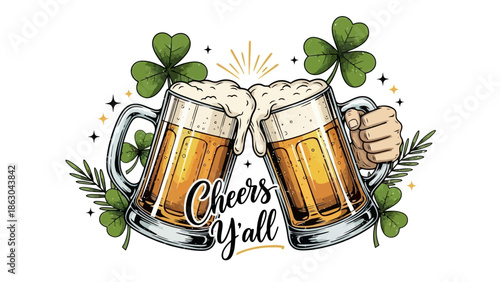 Two beer mugs clinking together with foam, shamrocks, and the words 'Cheers Y'all'.