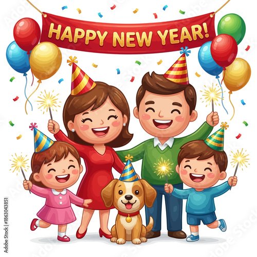 Joyful family welcoming the New Year with festive sparklers, colorful balloons, and a cheerful celebration, creating lasting happy memories together for the holiday season