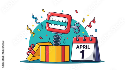 A jack-in-the-box with chattering teeth pops out of a gift box next to a calendar showing April 1st, surrounded by confetti and streamers.