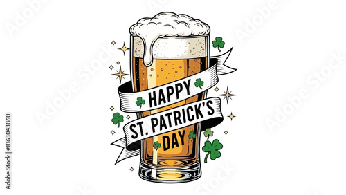 St. Patrick's Day beer glass illustration with banner and shamrocks.