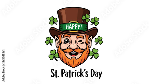 Happy St. Patrick's Day greeting with a winking leprechaun wearing a hat and shamrocks, festive