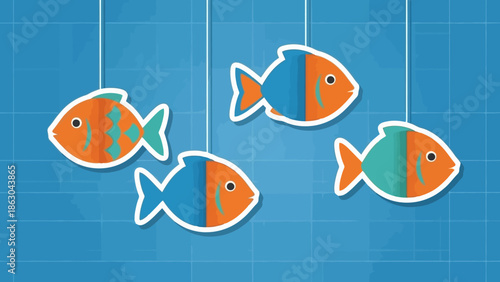 Four colorful cartoon fish hanging by strings against a blue grid background, representing a mobile or decoration.