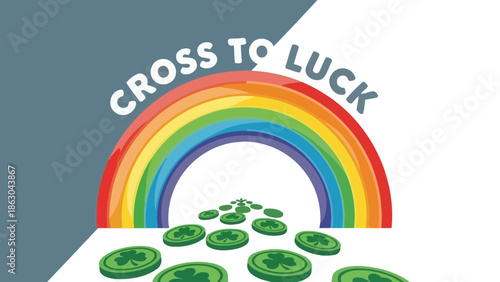 Cross to Luck: A rainbow arches over a path of green shamrock coins.